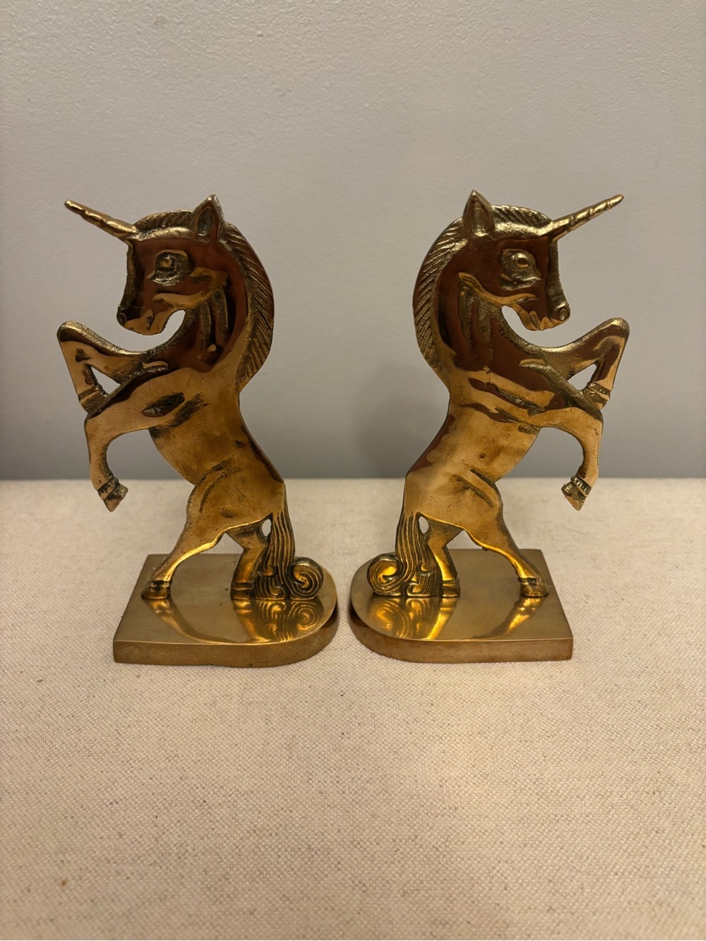 Vintage Solid Brass Rearing Unicorn Bookends Mid Century Hollywood Regency Set - Picture 5 of 16